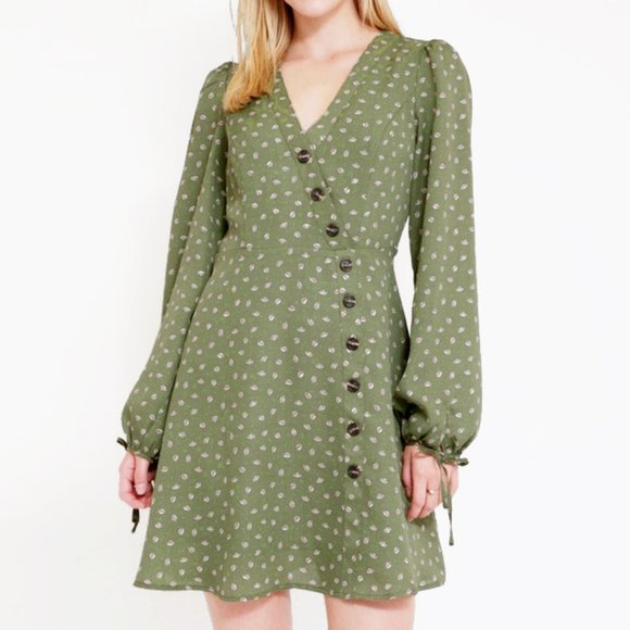 Olive Sage Green Faux Wrap Asymmetric Button Dress - Picture 2 of 8